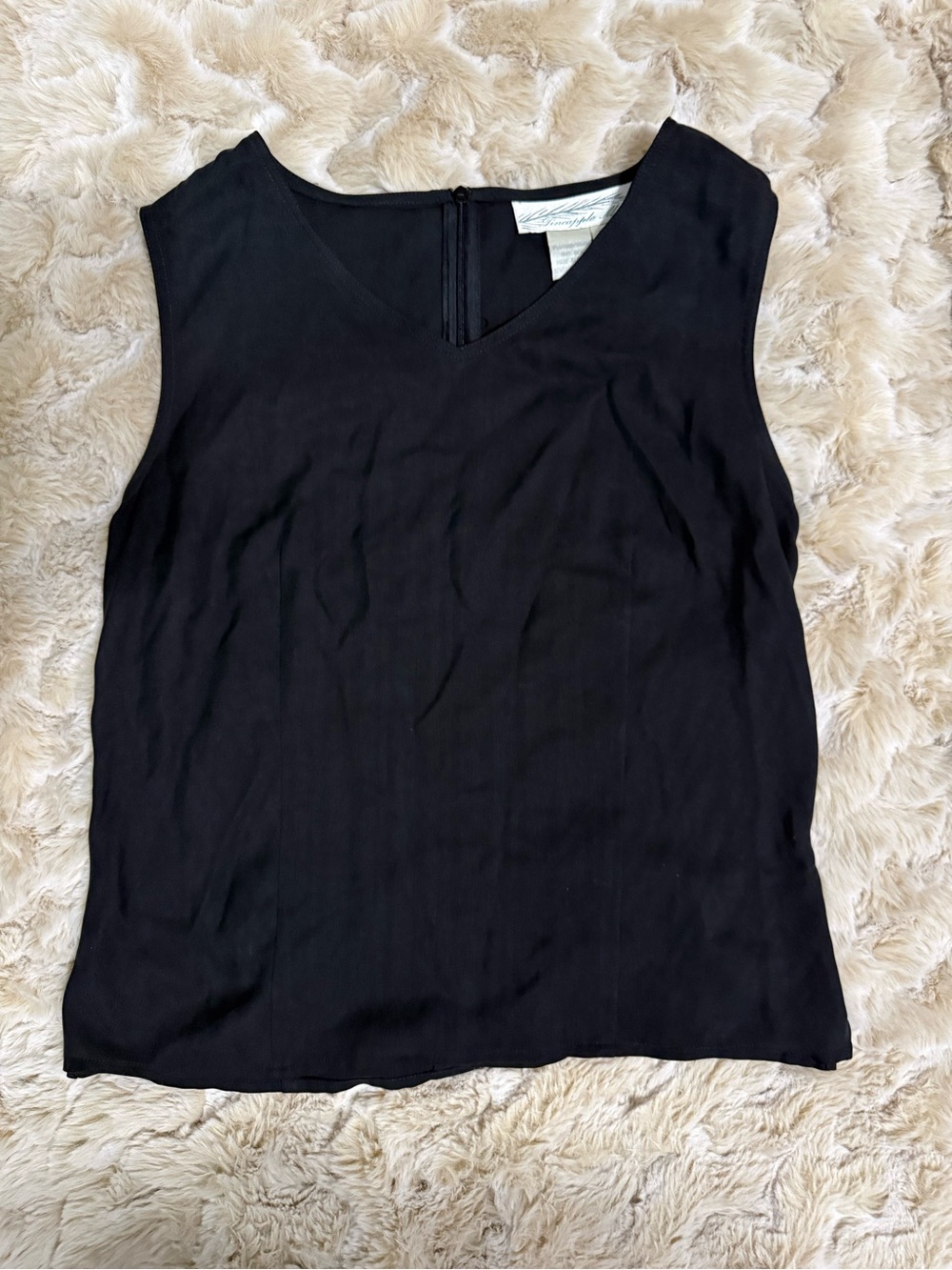 Vintage Pineapple Moon 100% Silk Black Sleeveless V-Neck Top